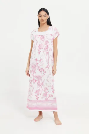 Women White And Pink Printed Nightgown