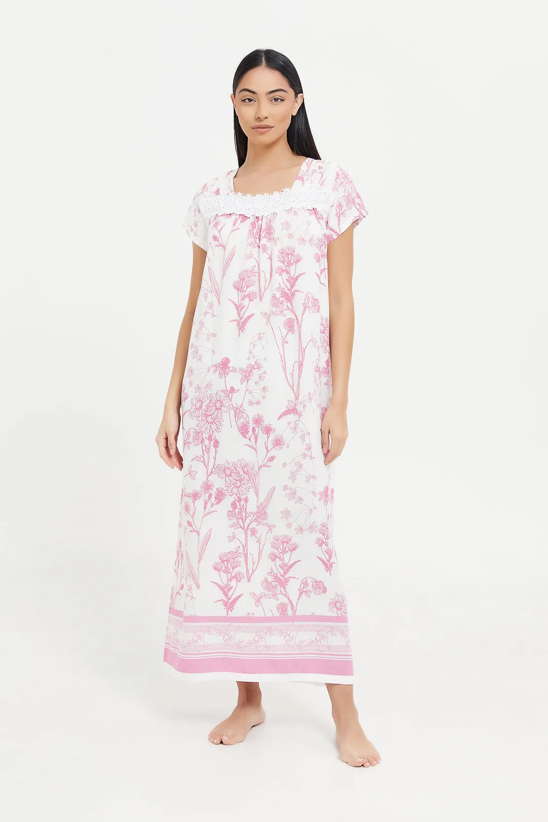 Women White And Pink Printed Nightgown