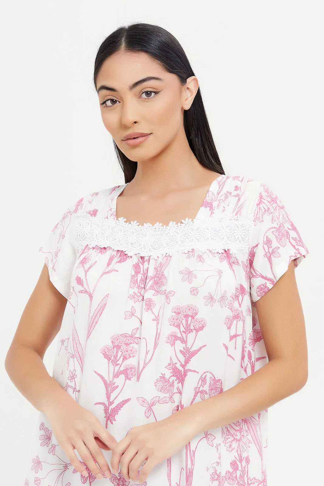 Women White And Pink Printed Nightgown