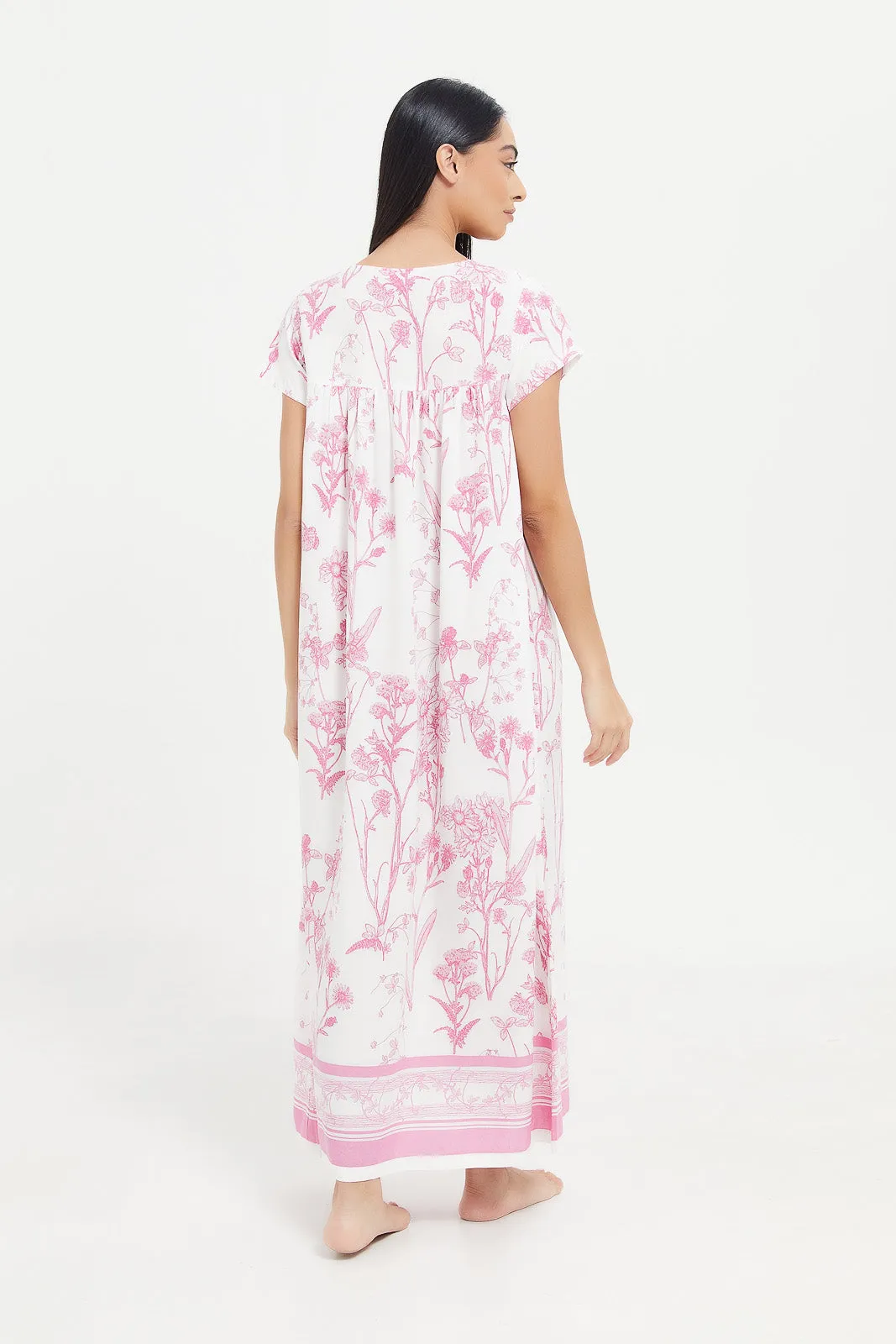 Women White And Pink Printed Nightgown
