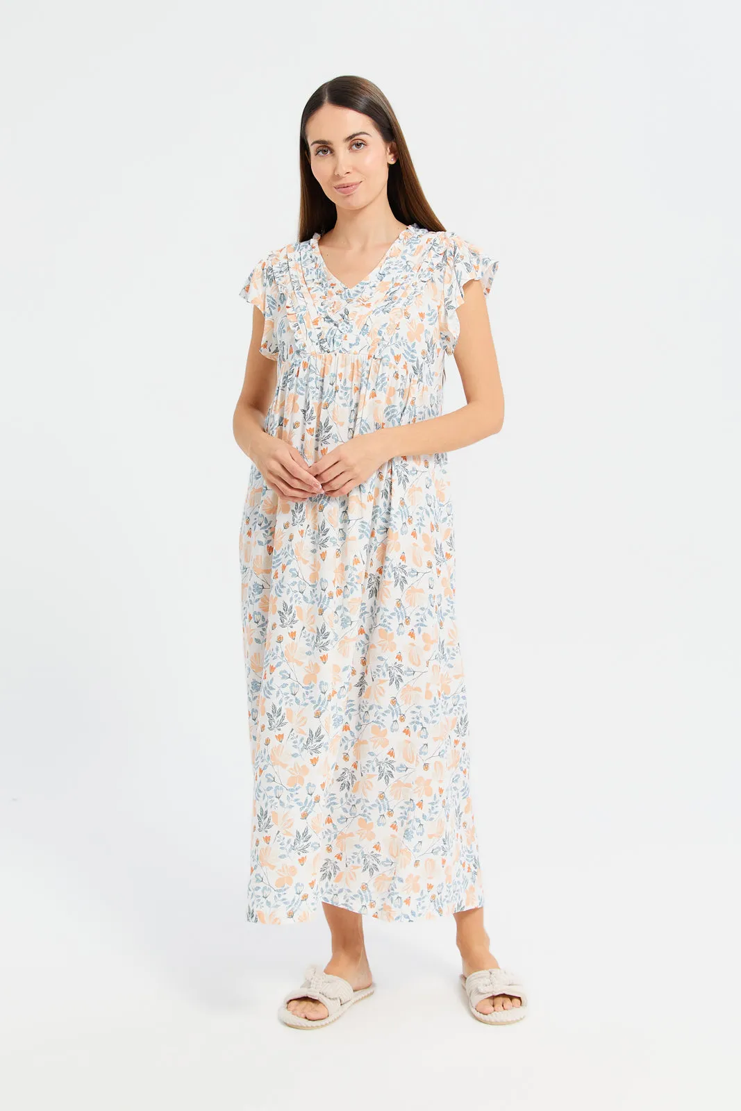 Women White Printed Cap Sleeves Nightgown