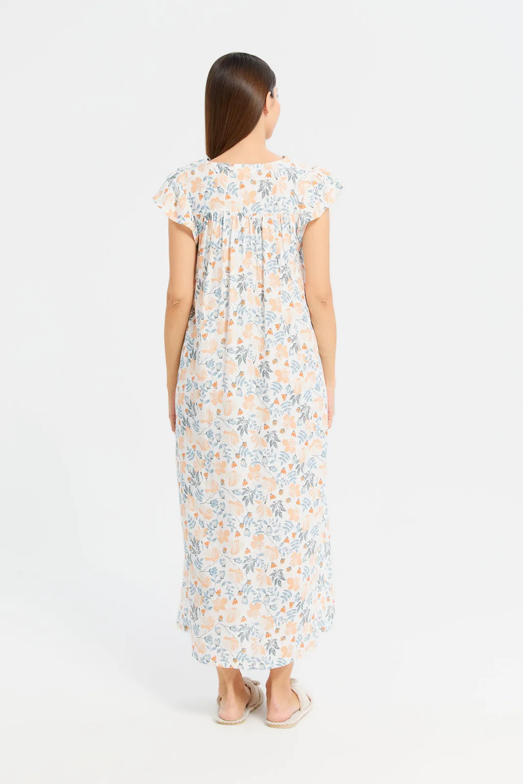 Women White Printed Cap Sleeves Nightgown