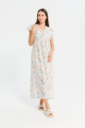 Women White Printed Cap Sleeves Nightgown