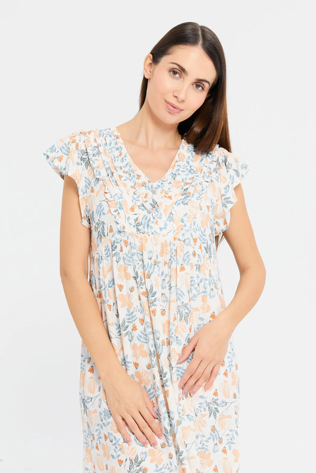 Women White Printed Cap Sleeves Nightgown