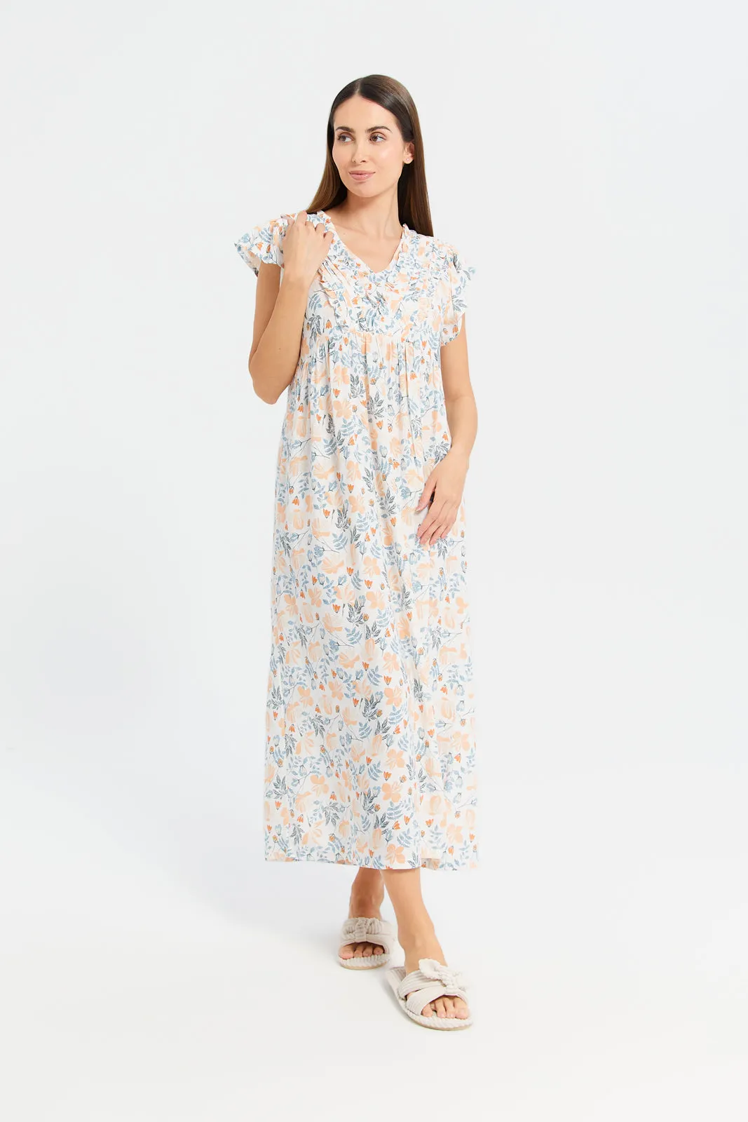 Women White Printed Cap Sleeves Nightgown