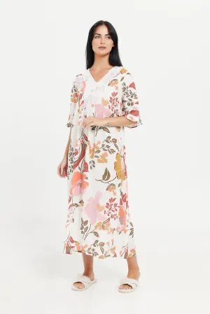 Women White Printed Short Sleeves Nightgown