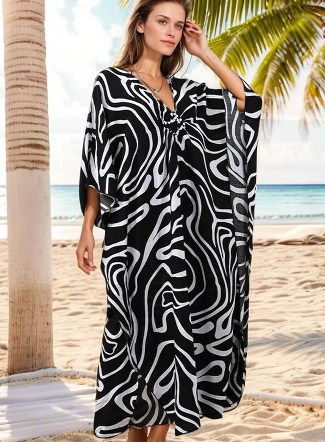 Women's Kaftan Dresses 2025 V Neck Batwing Sleeve Beach Cover Ups Plus Size Lightweight Caftans for Swimwear