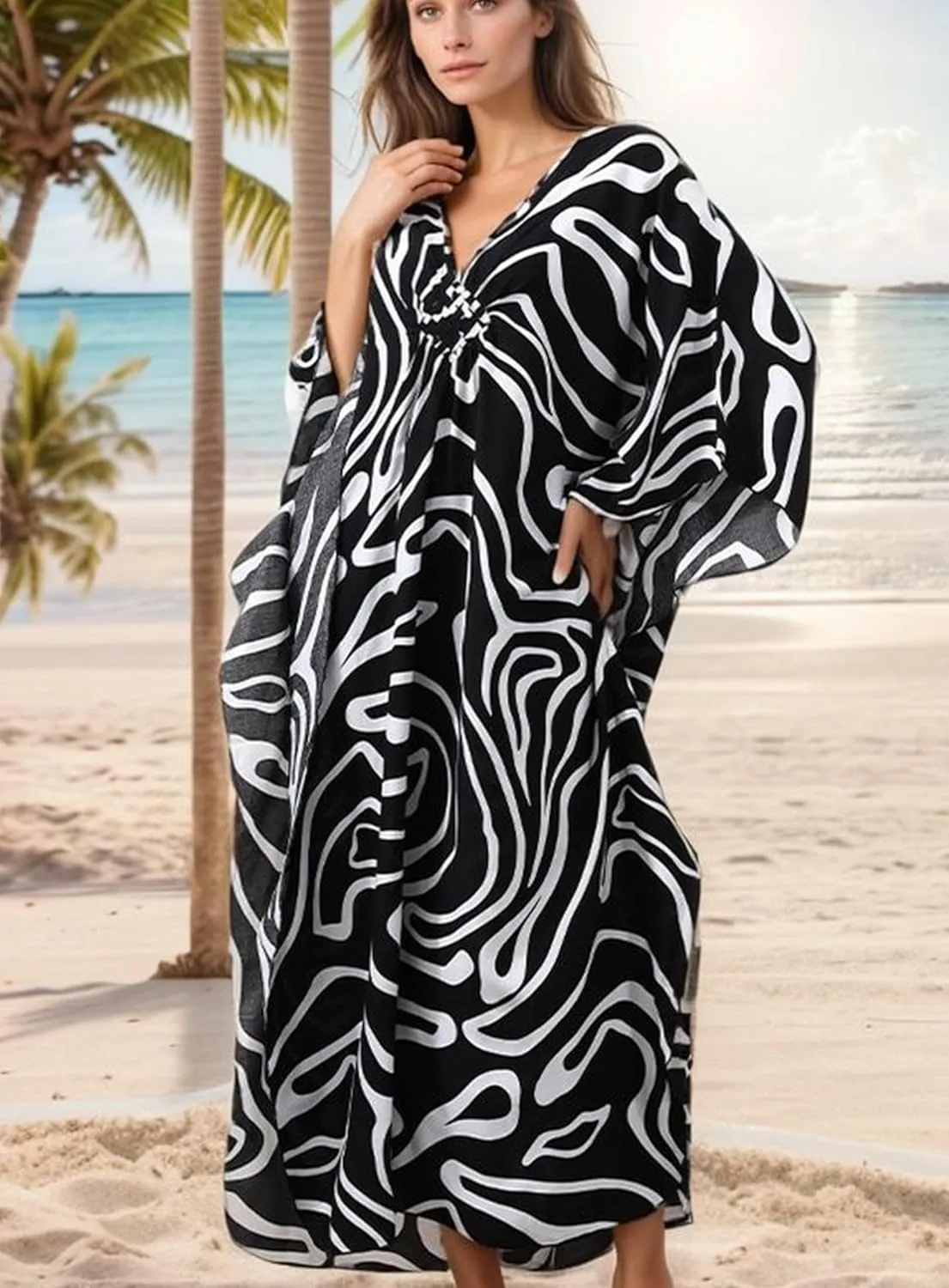 Women's Kaftan Dresses 2025 V Neck Batwing Sleeve Beach Cover Ups Plus Size Lightweight Caftans for Swimwear