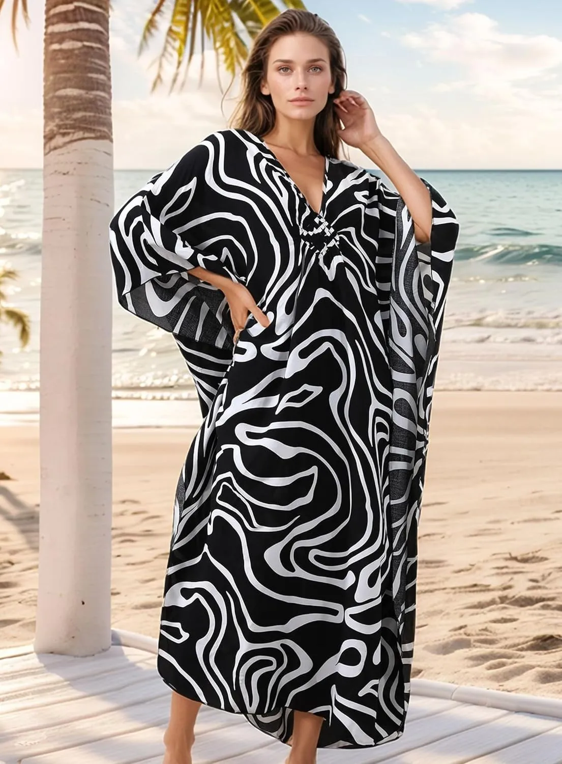 Women's Kaftan Dresses 2025 V Neck Batwing Sleeve Beach Cover Ups Plus Size Lightweight Caftans for Swimwear