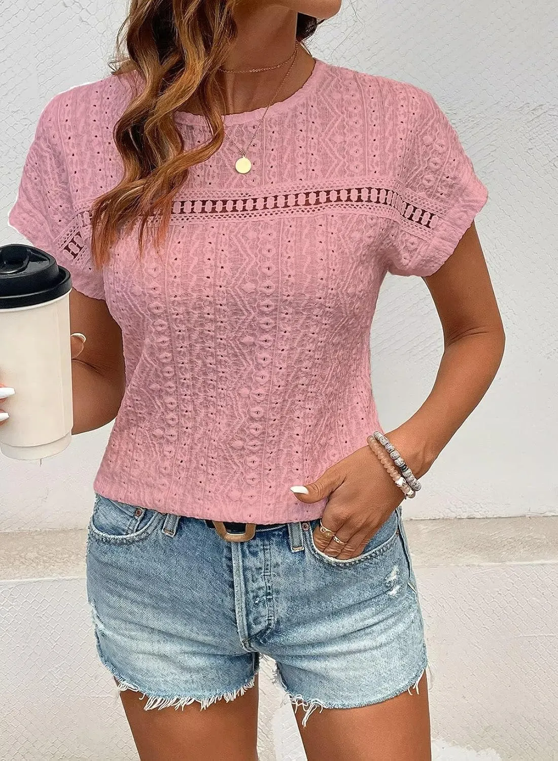 Womens Tops Casual Scoop Neck Short Sleeve Embroidered Lace Hollow Out Shirts Loose Tunic Knit Boho Blouses