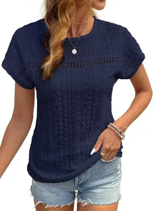 Womens Tops Casual Scoop Neck Short Sleeve Embroidered Lace Hollow Out Shirts Loose Tunic Knit Boho Blouses