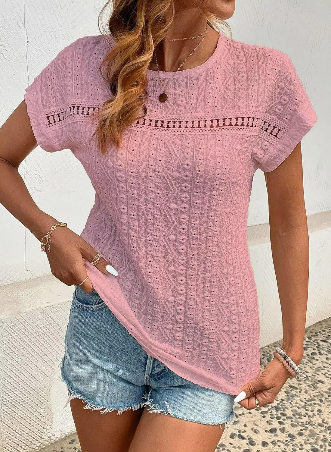 Womens Tops Casual Scoop Neck Short Sleeve Embroidered Lace Hollow Out Shirts Loose Tunic Knit Boho Blouses