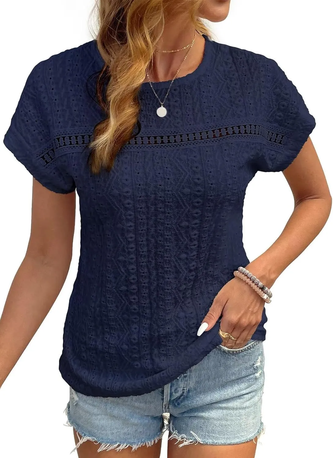 Womens Tops Casual Scoop Neck Short Sleeve Embroidered Lace Hollow Out Shirts Loose Tunic Knit Boho Blouses