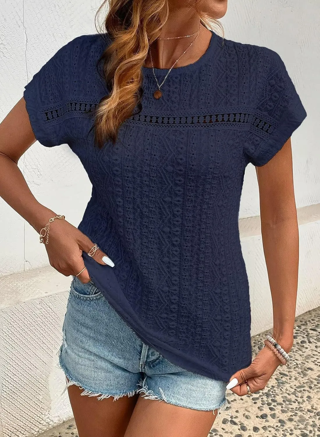 Womens Tops Casual Scoop Neck Short Sleeve Embroidered Lace Hollow Out Shirts Loose Tunic Knit Boho Blouses