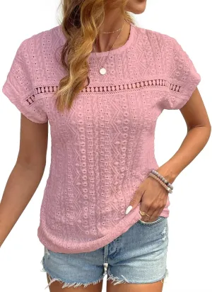Womens Tops Casual Scoop Neck Short Sleeve Embroidered Lace Hollow Out Shirts Loose Tunic Knit Boho Blouses