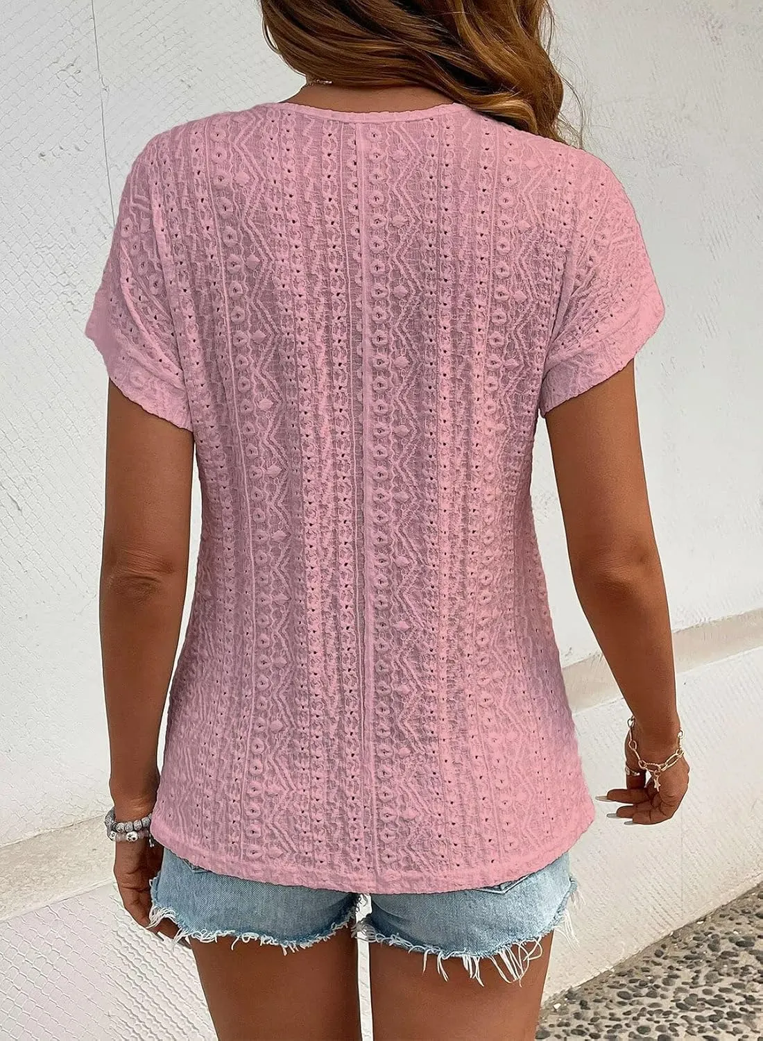 Womens Tops Casual Scoop Neck Short Sleeve Embroidered Lace Hollow Out Shirts Loose Tunic Knit Boho Blouses