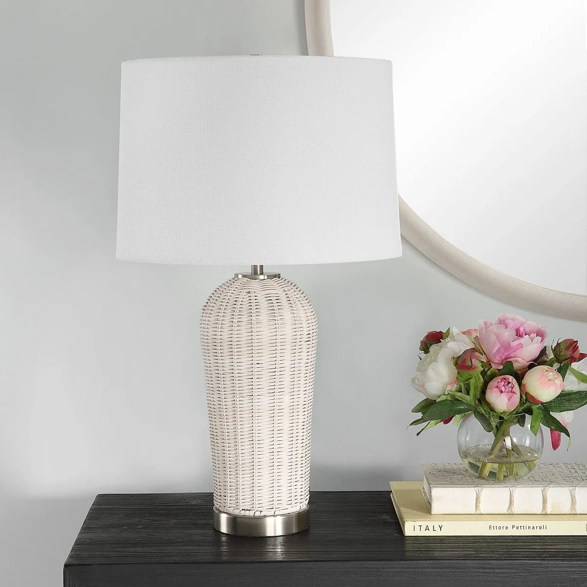 Woven Rattan Table Lamp with Brushed Nickel