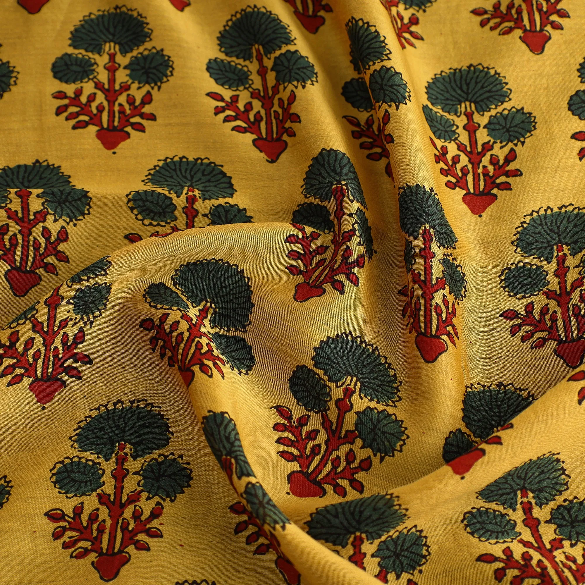 Yellow - Ajrakh Block Printed Chanderi Silk Fabric 09