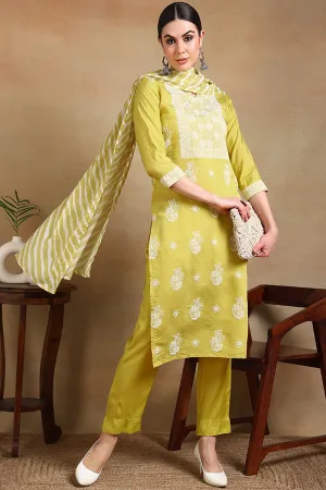 Yellow Silk Blend Solid Straight Suit Set