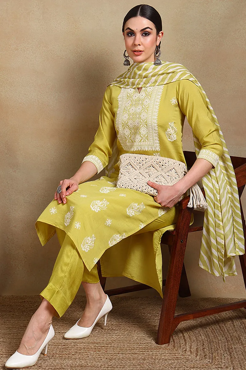 Yellow Silk Blend Solid Straight Suit Set