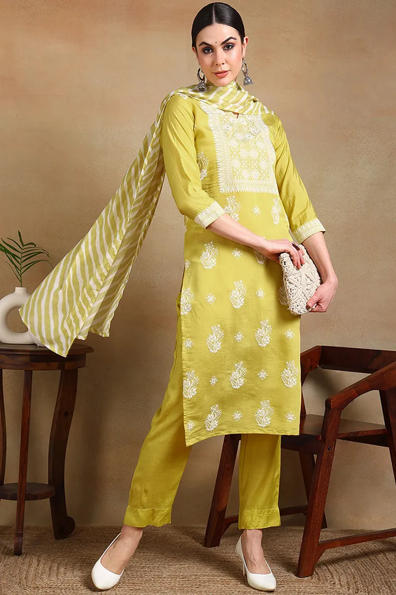 Yellow Silk Blend Solid Straight Suit Set