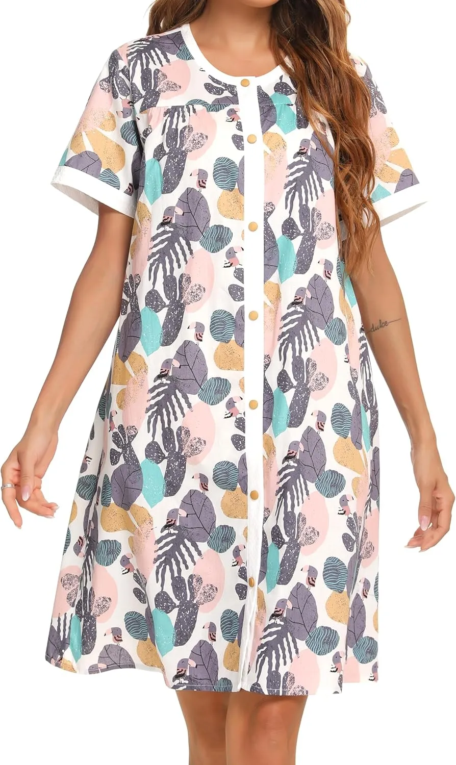 YOZLY House Dress for Women Short Sleeve House Coats Dusters Robe Moomoo nightgowns with Pockets
