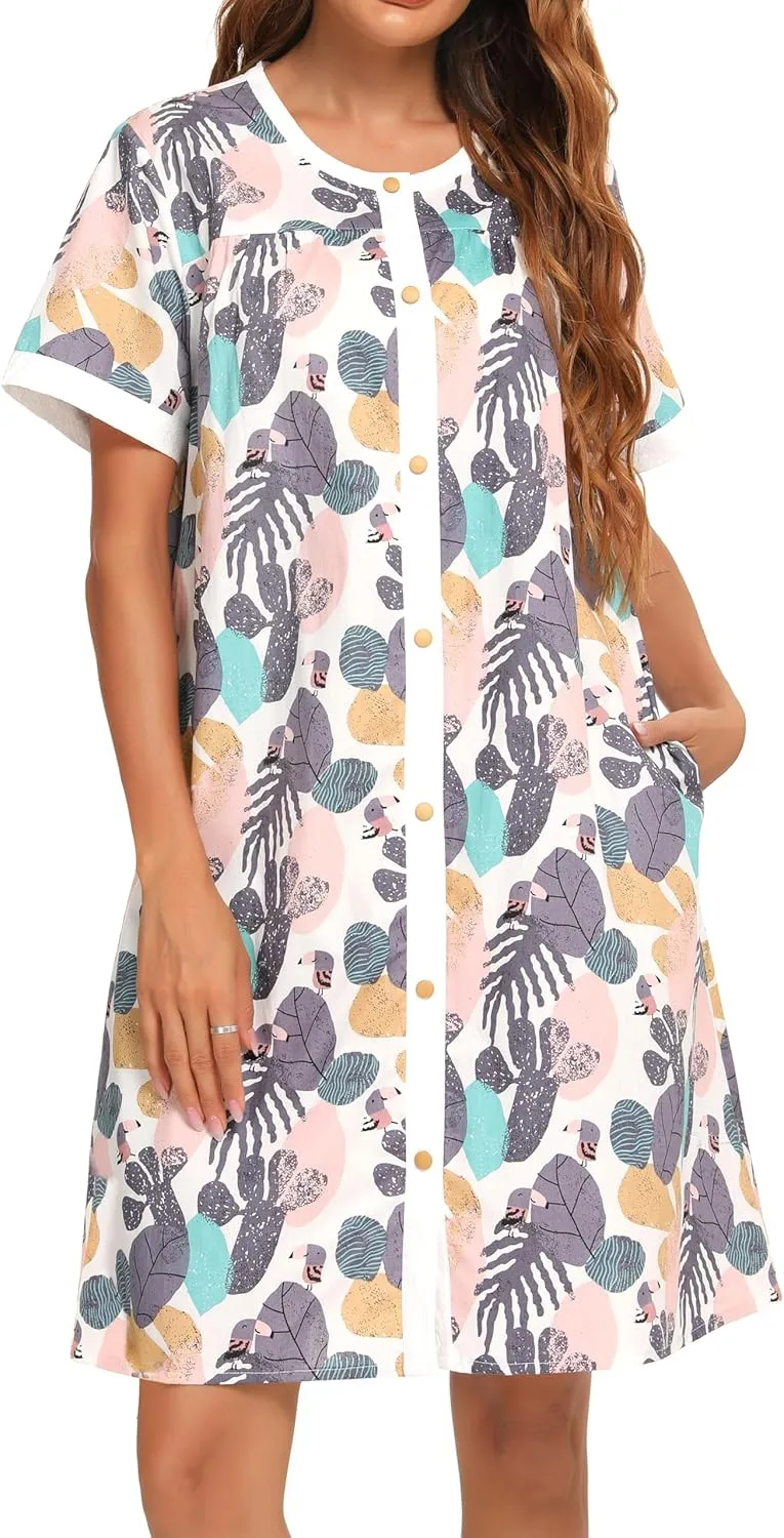 YOZLY House Dress for Women Short Sleeve House Coats Dusters Robe Moomoo nightgowns with Pockets