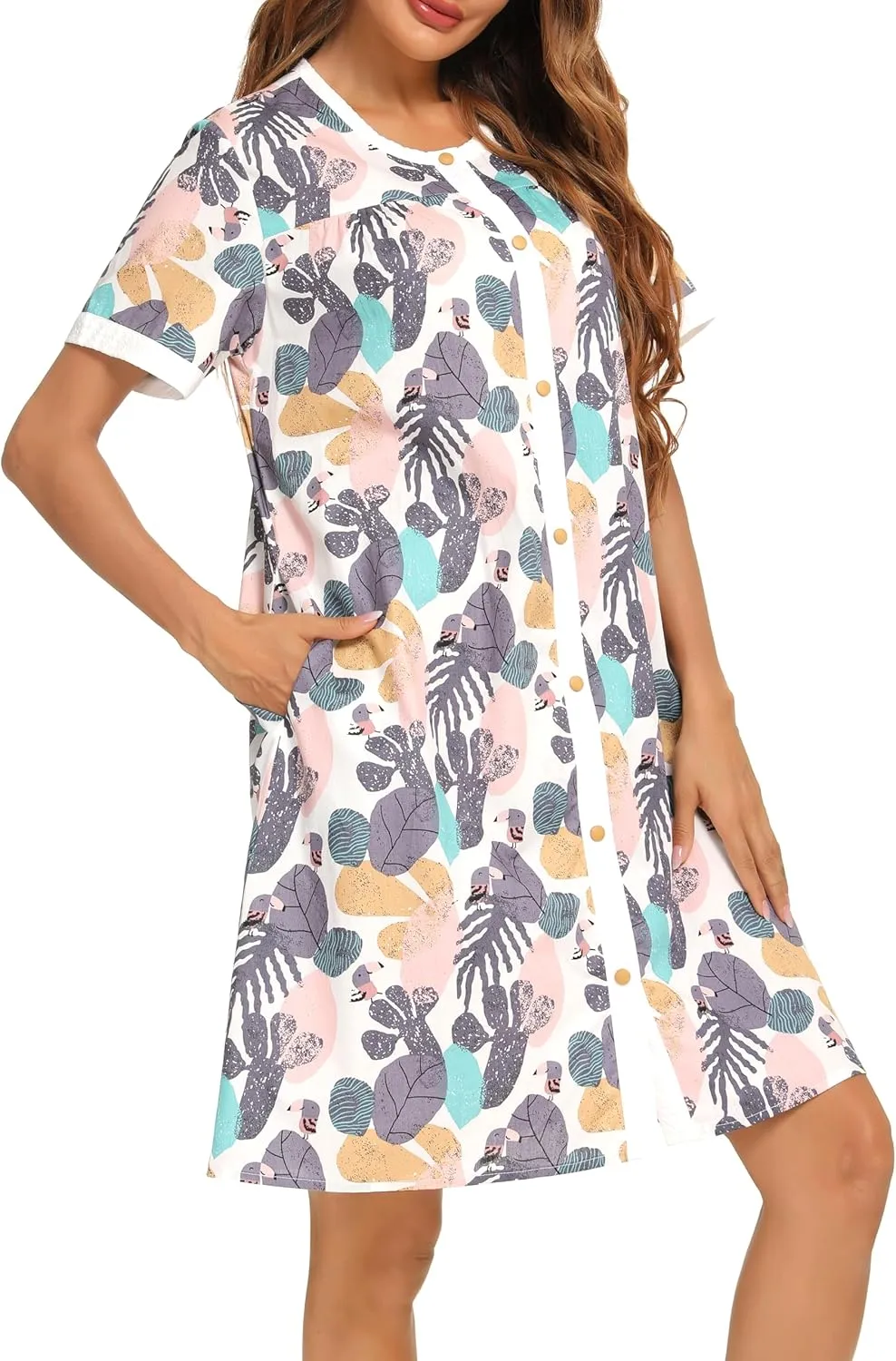 YOZLY House Dress for Women Short Sleeve House Coats Dusters Robe Moomoo nightgowns with Pockets