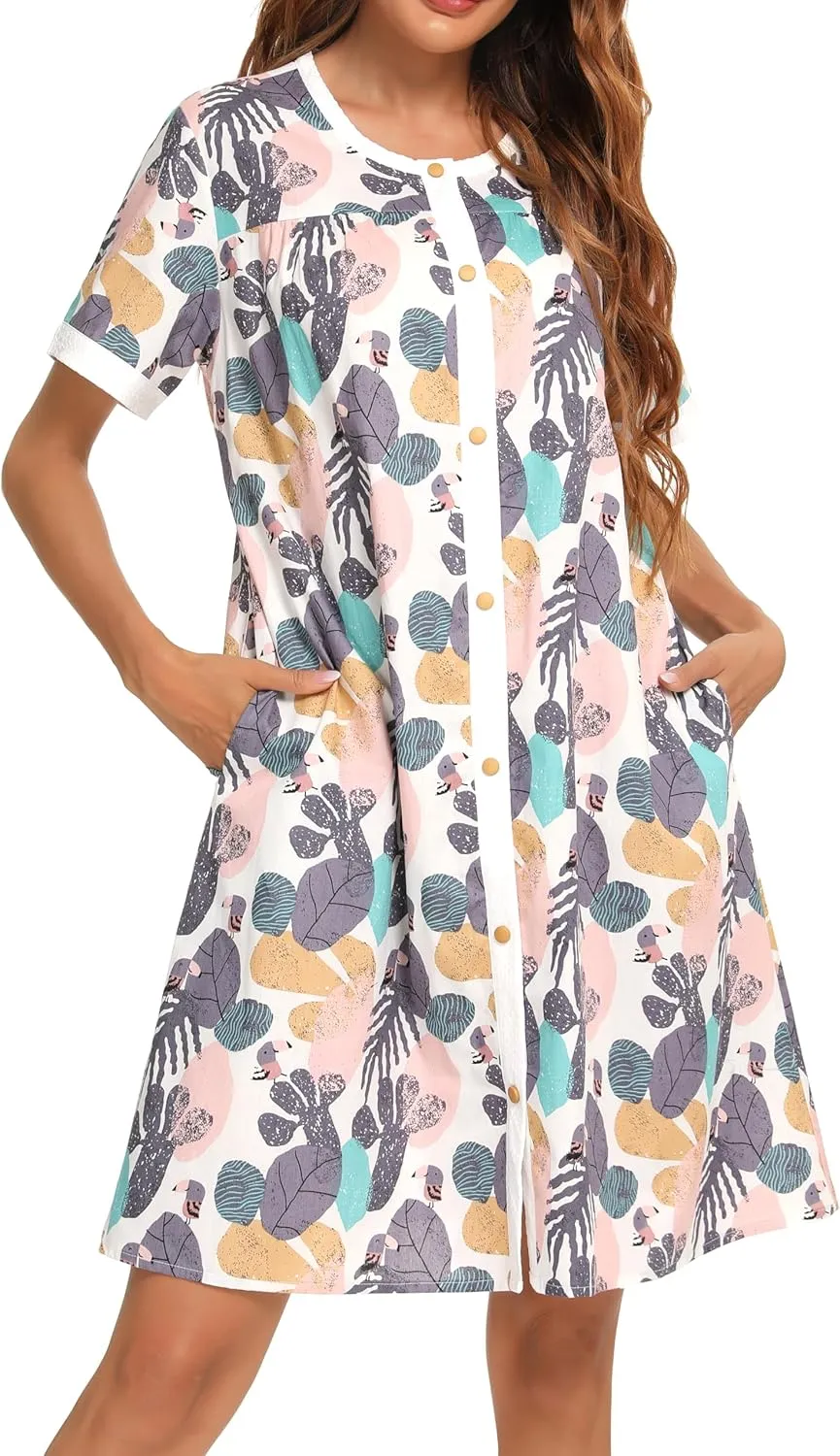 YOZLY House Dress for Women Short Sleeve House Coats Dusters Robe Moomoo nightgowns with Pockets