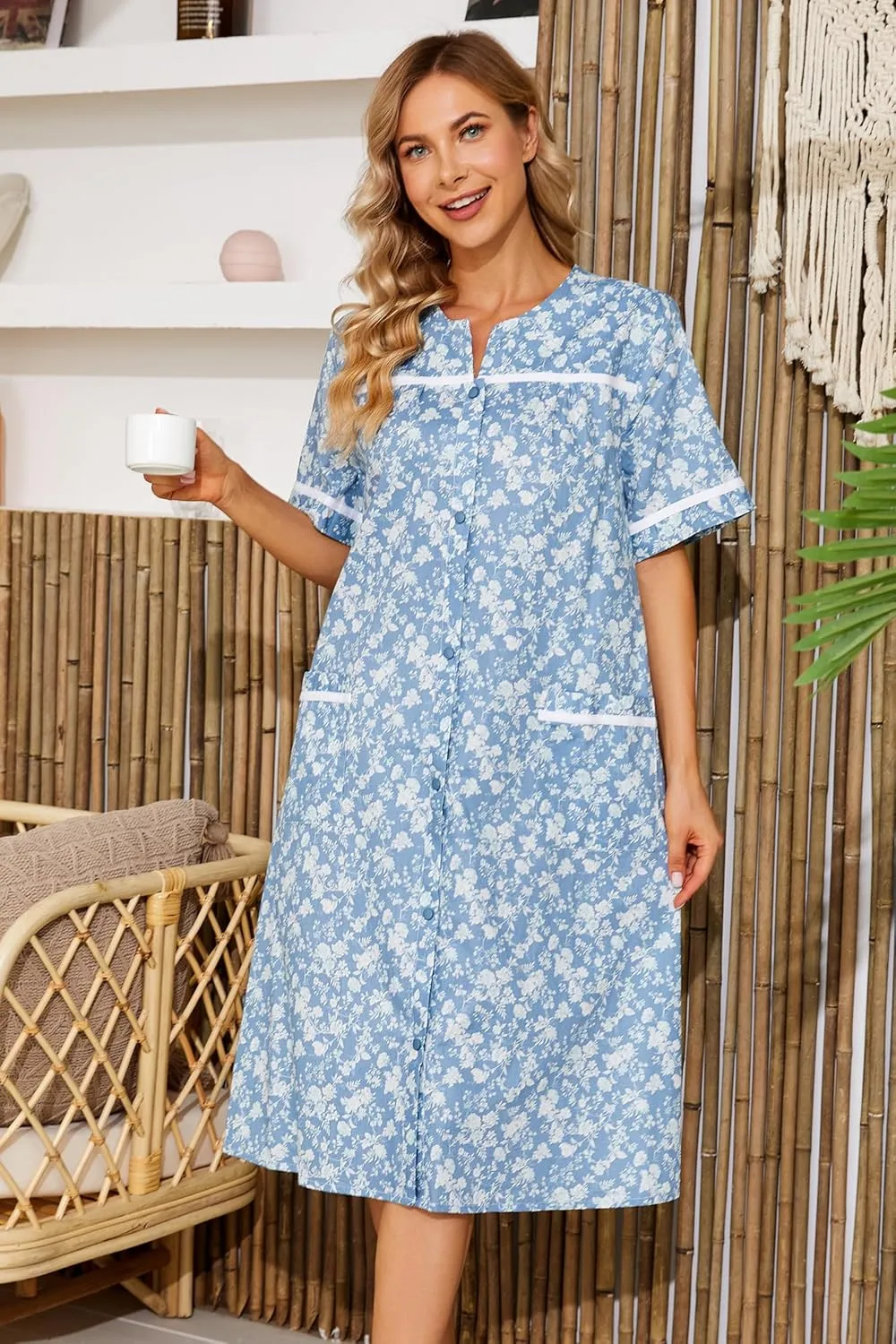 YOZLY House Dress Womens Embroidered Housecoat Short Sleeve Duster Robe with Front Pockets S-3XL