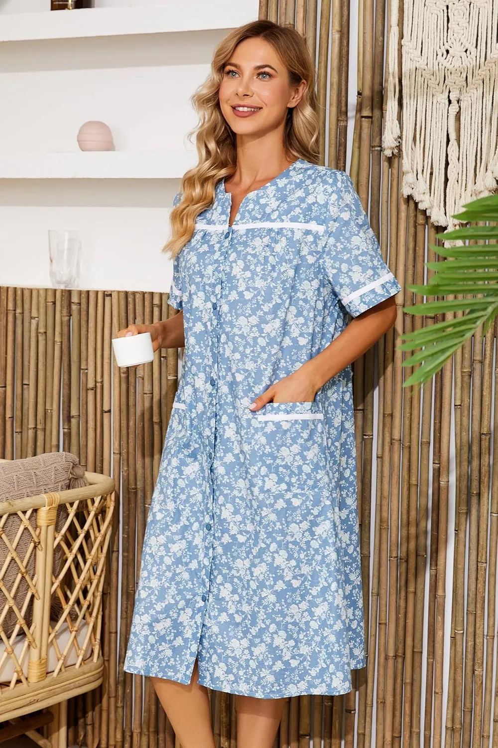 YOZLY House Dress Womens Embroidered Housecoat Short Sleeve Duster Robe with Front Pockets S-3XL