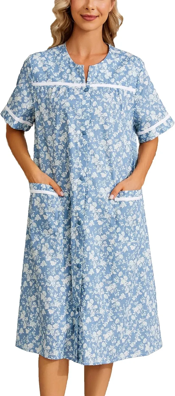YOZLY House Dress Womens Embroidered Housecoat Short Sleeve Duster Robe with Front Pockets S-3XL