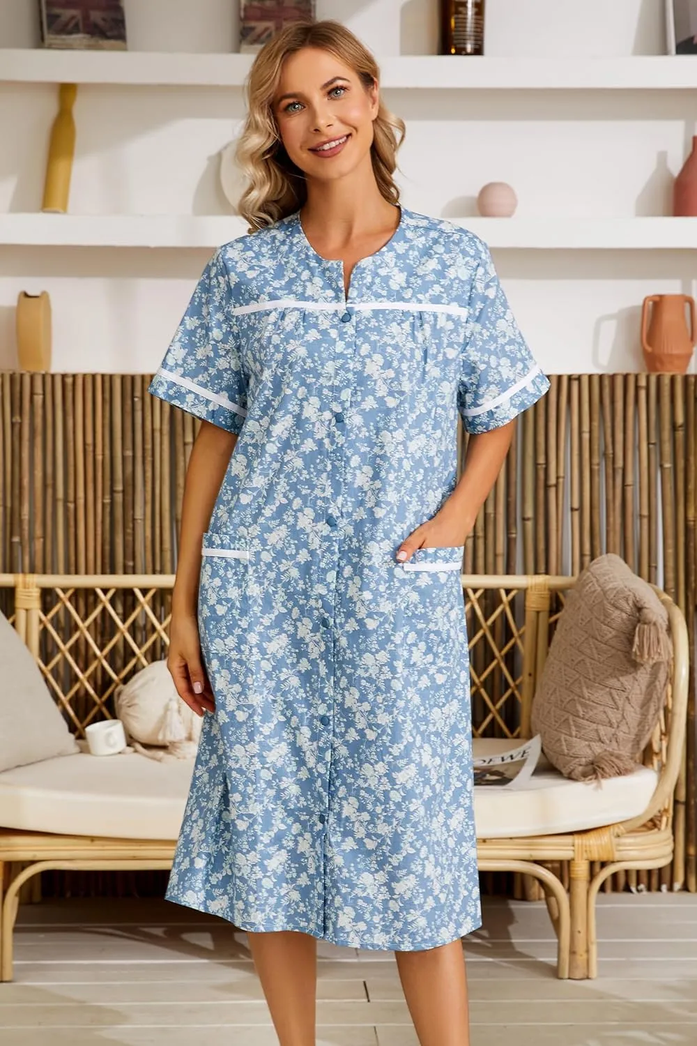YOZLY House Dress Womens Embroidered Housecoat Short Sleeve Duster Robe with Front Pockets S-3XL